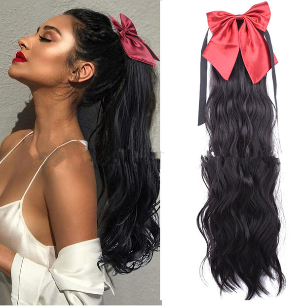 Red Bow Ponytail Wig Women''s Long Hair Ribbon Wig Ponytail